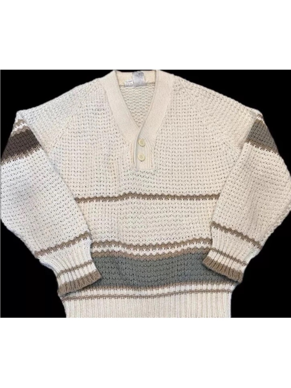 Cream V-Neck Knit Sweater with Taupe and Gray Stripes